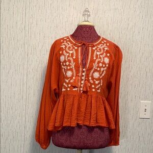 Women's En Creme Embroidered Orange Peplum Medium Boho Ruffled Textured Blouse